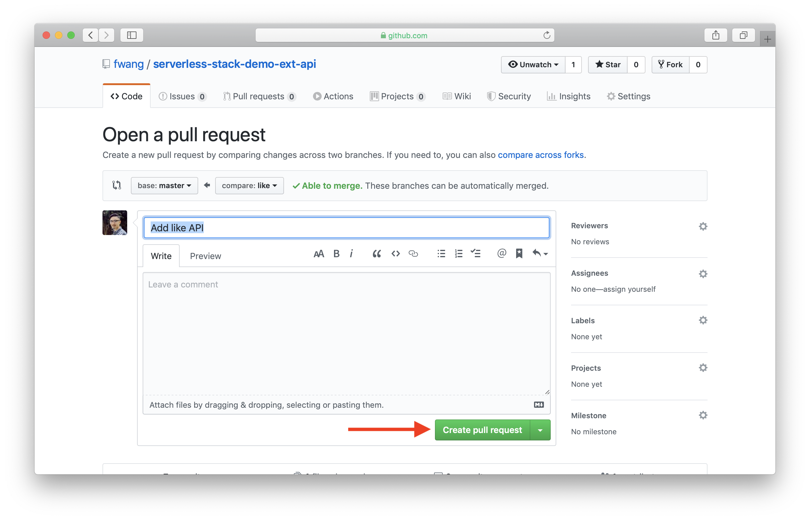 GitHub에서 Create pull request 선택하기