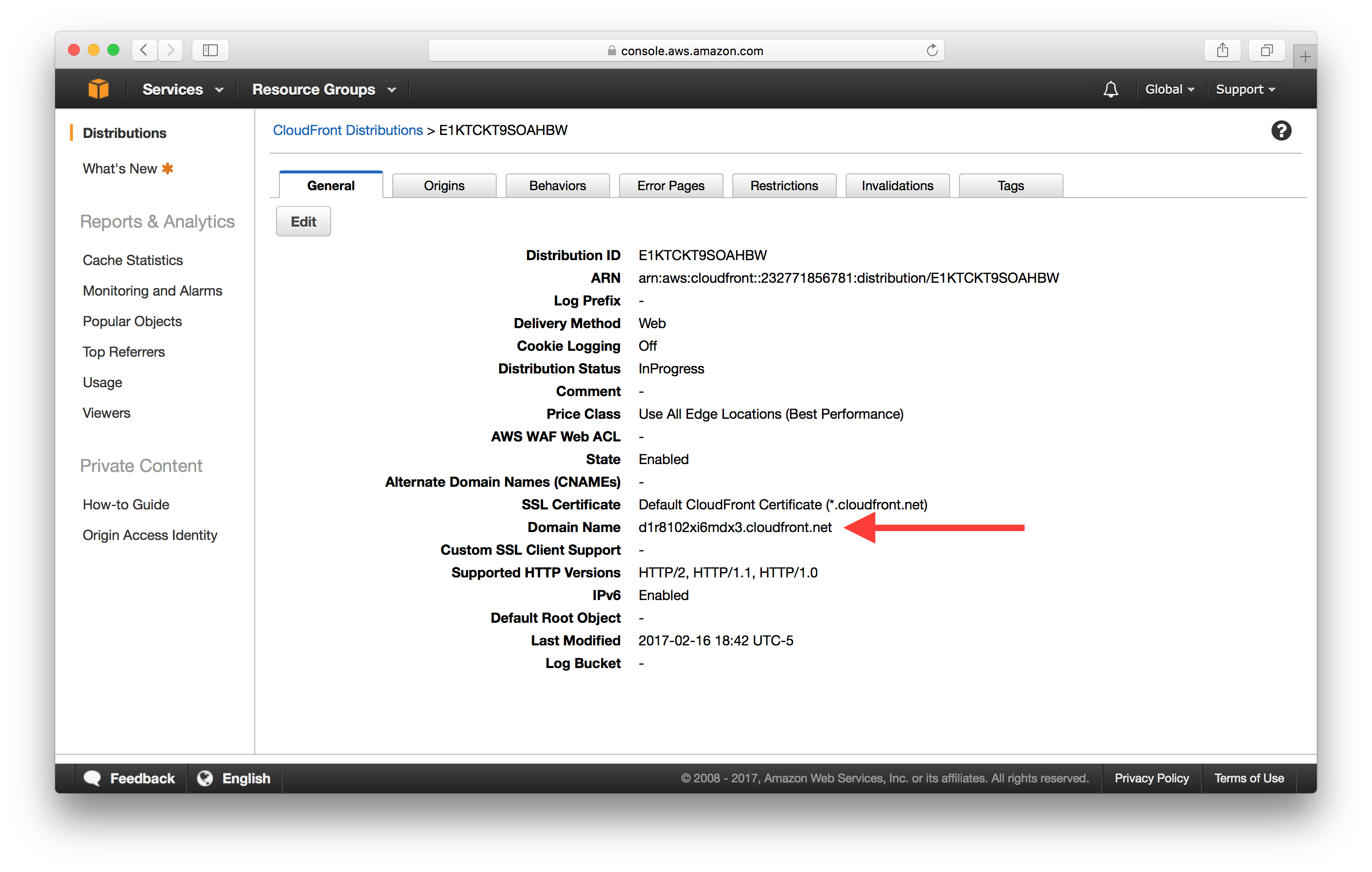 AWS CloudFront 배포 도메인 이름 스크린샷