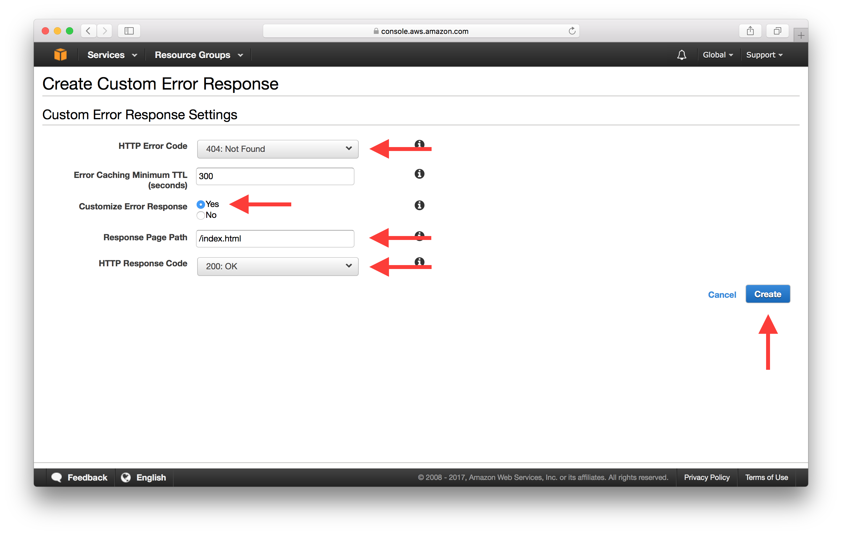 Create Custom Error Response 스크린샷