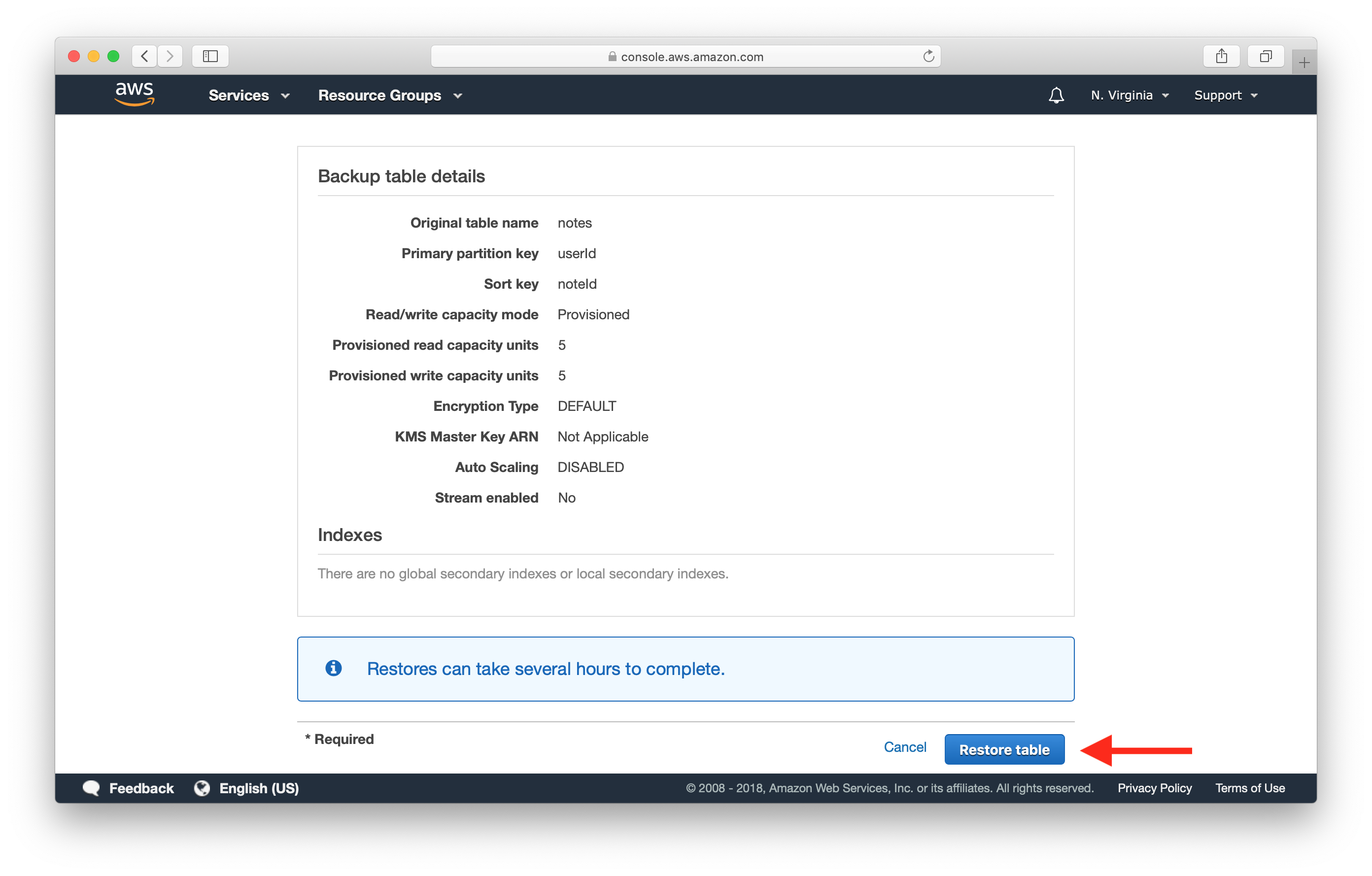 DynamoDB 테이블 특정 시점 복원 선택 스크린샷