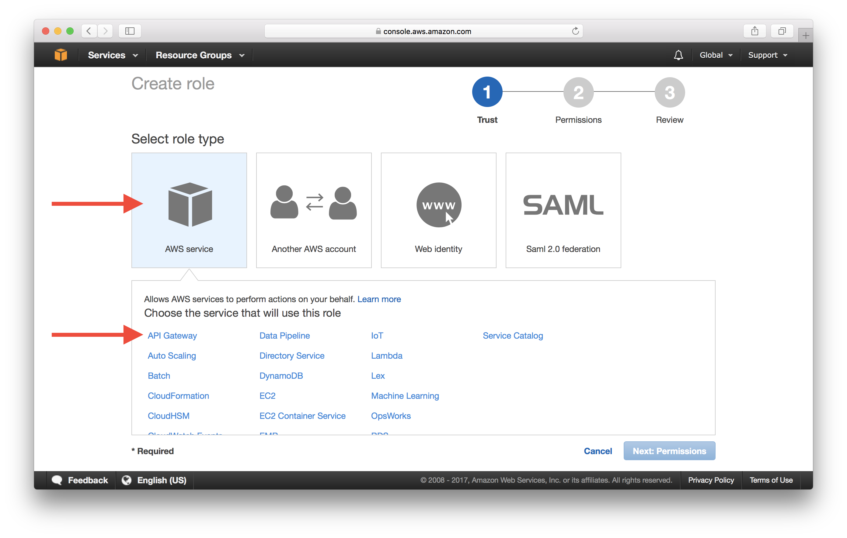 API Gateway IAM 역할 선택 스크린샷