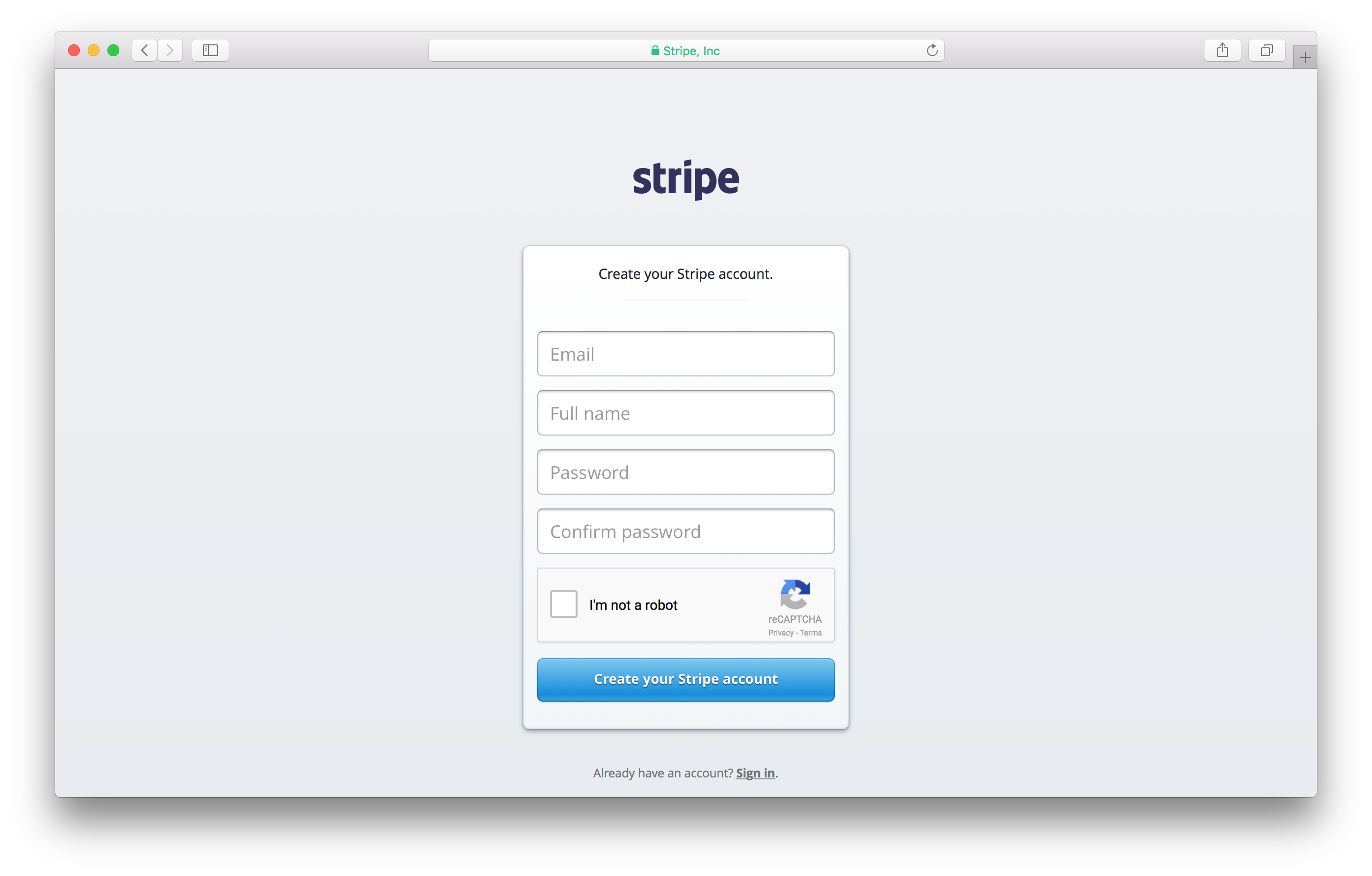 Stripe 계정 생성 스크린샷