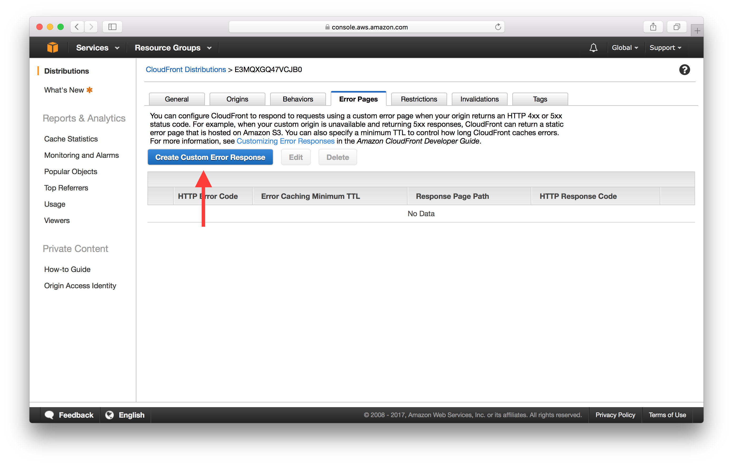 CloudFront에서 Create Custom Error Response 선택 스크린샷